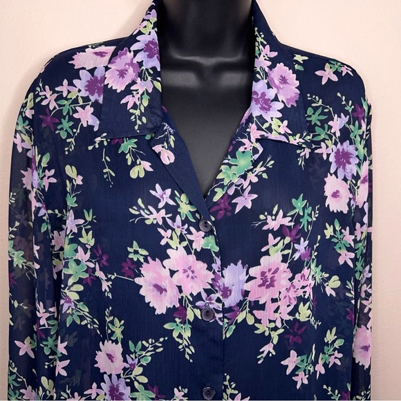 Vintage Large Haband Blue Purple Floral Semi Sheer Blouse Button Front 90s - Picture 4 of 12